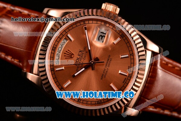 Rolex Day-Date Asia 2813/Swiss ETA 2836/Clone Rolex 3135 Automatic Rose Gold Case with Stick Markers and Rose Gold Dial (BP) - Click Image to Close